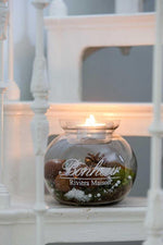 Load image into Gallery viewer, Riviera Maison Bonheur Decoration Hurricane Collection with a warm lit candle inside

